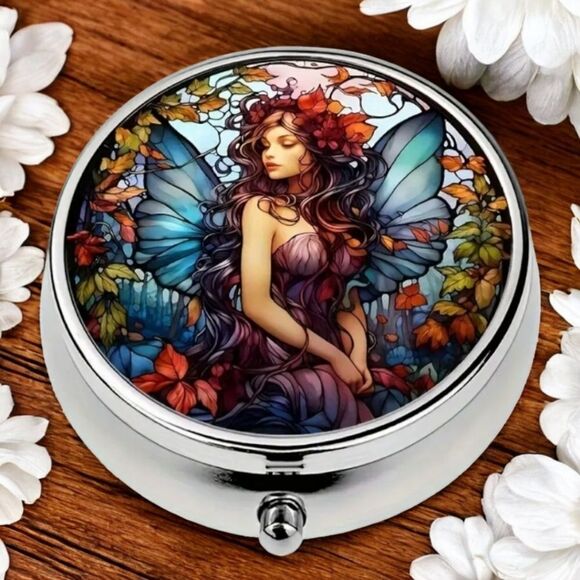 Fairy Elf Pixie Angel Pill Box Medicine Mini Tin Case Mirrored Travel Purse Size - Picture 3 of 8